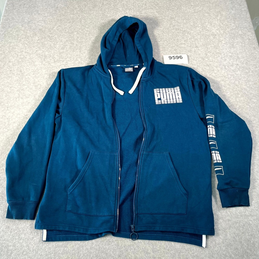 Puma Rebel Bold Hoodie Mens Medium Blue Fleece Lined Cotton Graphic Full Zip